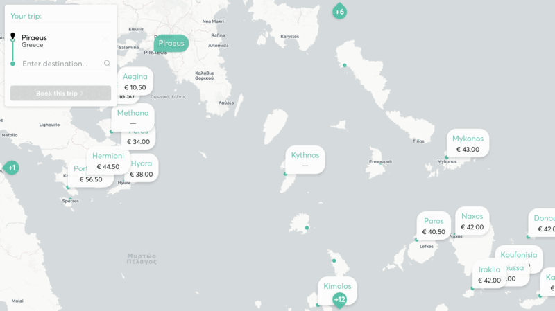 Seleção de origem e destino no mapa de rotas de ferry da Ferryhopper